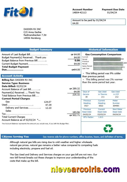 Sweden Fitol gas business utility bill